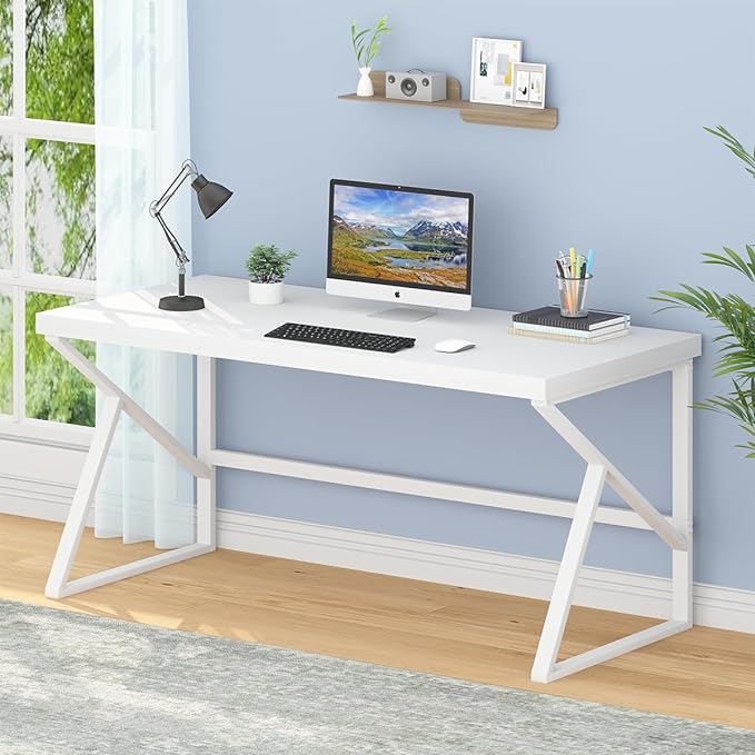 HSH White Desk, Modern Home Office PC Laptop Desk, Large Industrial Metal Wood Desk for Executive Writing Work Study Gaming, Long Student Computer Table for Bedroom Living Room, White Oak, 60 Inch - LeafyLoom
