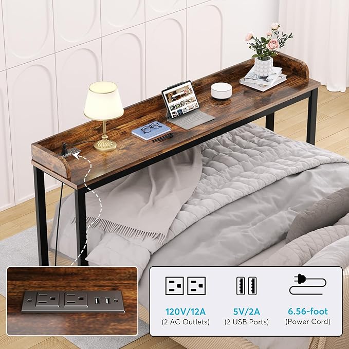 70.8" Standing Desk with Charging Station, Extra Long Desk on Wheels for Standing and Sitting, Sofa Table Behind Couch with Power Outlets and USB Ports, Easy Assembly, Walnut - LeafyLoom