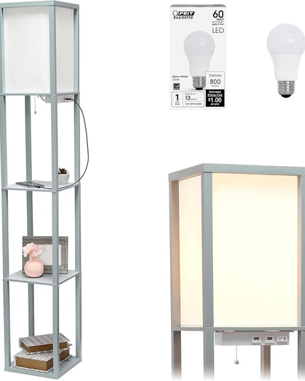 Simple Designs LF1037-GRY-LB Three Shelf Etagere Organizer Storage Floor Lamp with 2 Dual USB Ports and Charging Outlet, Gray, with Feit LED Bulb Included - LeafyLoom