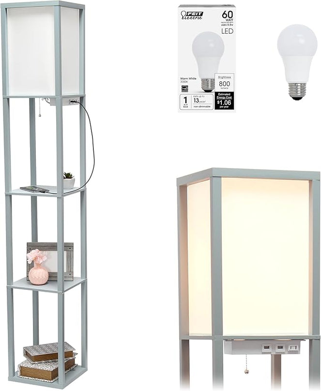 Simple Designs LF1037-GRY-LB Three Shelf Etagere Organizer Storage Floor Lamp with 2 Dual USB Ports and Charging Outlet, Gray, with Feit LED Bulb Included - LeafyLoom