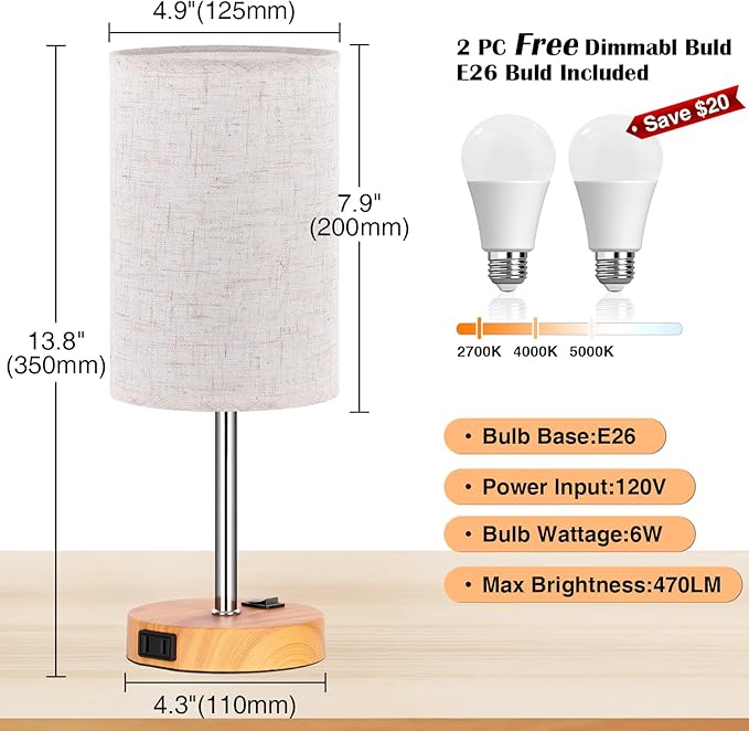 ZJOJO Table Lamp Bedside Lamps for Bedroom, Bedside Lamps Set of 2 with 3 Way Dimmable Using Rocker Switch Nightstand Lamp Night Lamp with AC Outlets for Living Room/Reading Room - LeafyLoom