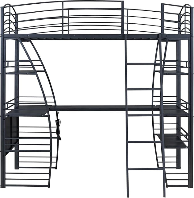 RITSU Twin Size Loft Bed with Storage 4 Layers Shelves and L-Shaped Desk, Strong Metal Bedframe, USB Ports Sockets and Wireless Charging, for Children's Room, Teens, Black - LeafyLoom