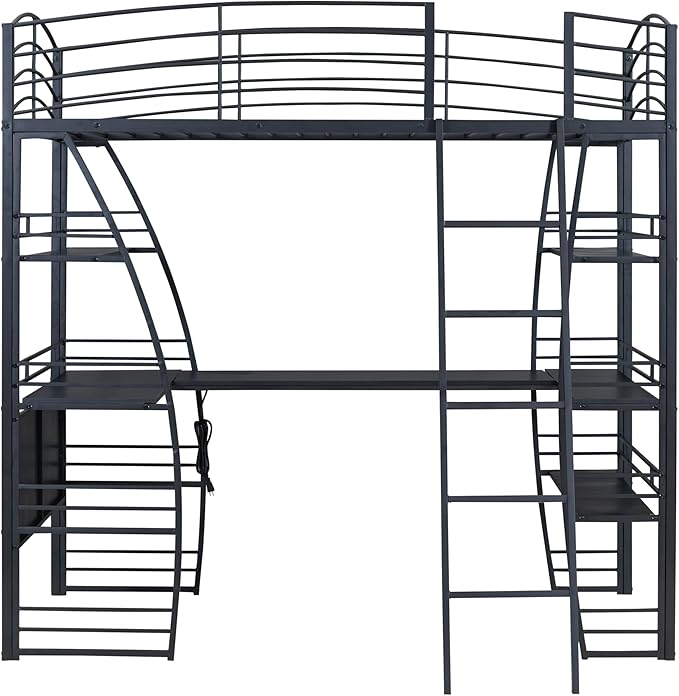 RITSU Twin Size Loft Bed with Storage 4 Layers Shelves and L-Shaped Desk, Strong Metal Bedframe, USB Ports Sockets and Wireless Charging, for Children's Room, Teens, Black - LeafyLoom