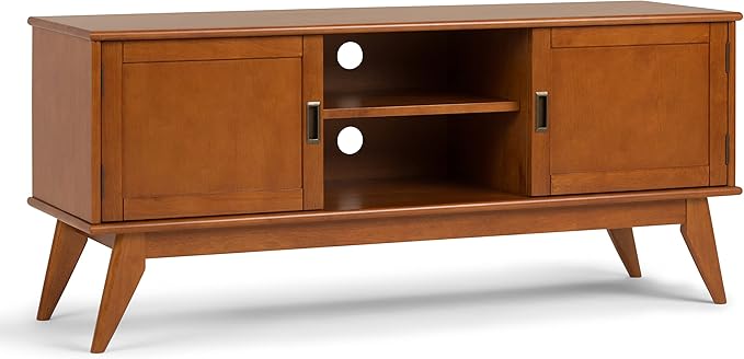 SIMPLIHOME Draper SOLID WOOD Universal TV Media Stand, 60 Inch Wide, Modern Industrial, Living Room Entertainment Center, for Flat Screen TVs up to 70 Inch in Teak Brown - LeafyLoom