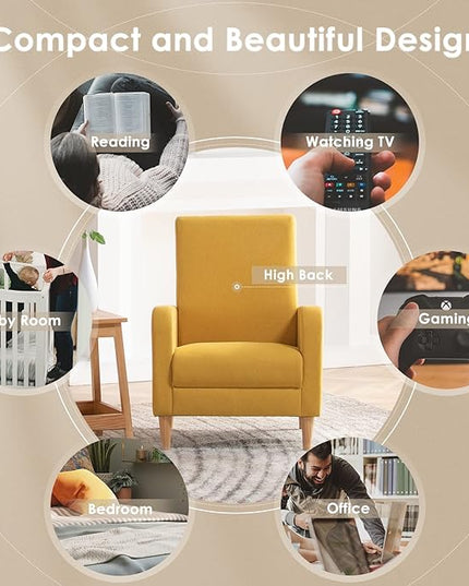 COLAMY Modern Upholstered Accent Chair Armchair with Pillow, Fabric Reading Living Room Side Chair,Single Sofa with Lounge Seat and Wood Legs, Yellow - LeafyLoom
