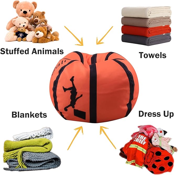 Colorful House Stuffed Animal Storage Bean Bag Chair for Kids and Adults, Lightweight Bean Storage Bag Cover for Organizing Blankets Clothes (26 inches, Basketball) - LeafyLoom