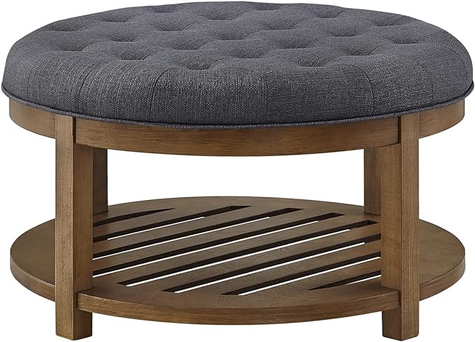 24KF Large Round Upholstered Tufted Linen Ottoman Coffee Table, Large Footrest Ottoman with Wood Shelf Storage-Charcoal - LeafyLoom