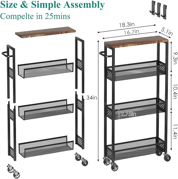 Slim Storage Cart 4 Tier Narrow Kitchen Rolling Cart on Wheels for Small Space, Mobile Utility Cart Shelving Unit with Wooden Top and Metal Handle for Kitchen, Bathroom, Laundry Room - LeafyLoom