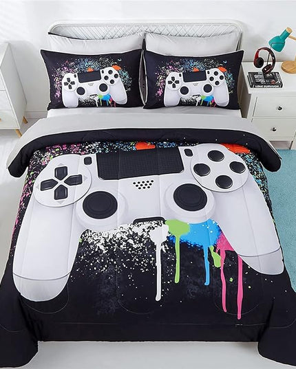 KAKKI 5 Piece Boys Full Gamer Comforter Set with Sheets, 3D Colorful Video Game Controller Comforter for Kids Teen, All Season Soft Microfiber Gaming Bedding Set(White,Full) - LeafyLoom
