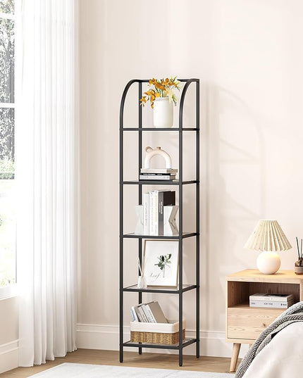Bookcase Bookshelf, Tempered Glass Arched Bookshelf for More Storage, Slim Shelving Unit for Bedroom, Bathroom, Home Office, Steel Frame, 5 Tier Black BC20599B - LeafyLoom