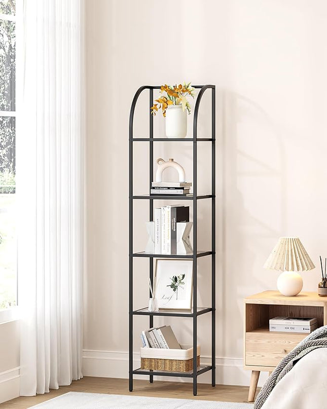 Bookcase Bookshelf, Tempered Glass Arched Bookshelf for More Storage, Slim Shelving Unit for Bedroom, Bathroom, Home Office, Steel Frame, 5 Tier Black BC20599B - LeafyLoom