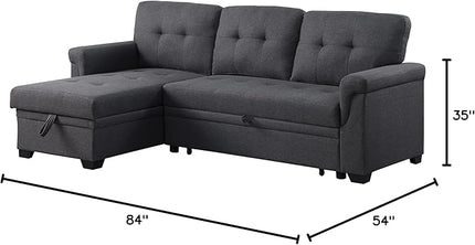 84 inch L-Shape Sectional Sleeper Couches with Chaise Storage and Pull, 3 Seater Sofa Bed w/Tufted Linen Backrest for Living Spaces Apartment Dorm, Gray, Dark Grey - LeafyLoom