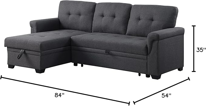 84 inch L-Shape Sectional Sleeper Couches with Chaise Storage and Pull, 3 Seater Sofa Bed w/Tufted Linen Backrest for Living Spaces Apartment Dorm, Gray, Dark Grey - LeafyLoom