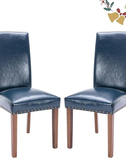 Parsons Dining Chairs Set of 2, Upholstered Nailhead PU Leather Dining Room Kitchen Side Chair with Thick Cushions and Wood Legs, Blue - LeafyLoom
