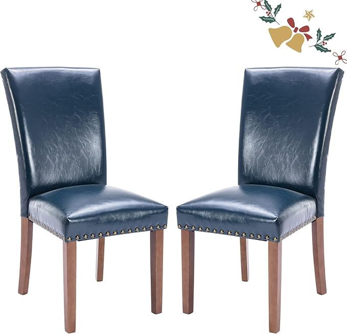 Parsons Dining Chairs Set of 2, Upholstered Nailhead PU Leather Dining Room Kitchen Side Chair with Thick Cushions and Wood Legs, Blue - LeafyLoom
