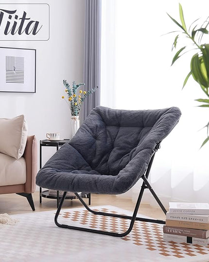 Tiita Comfy Saucer Chair, Soft Faux Fur Oversized Folding Accent Chair, Lounge Lazy Chair for Kids Teens Adults, Metal Frame Moon Chair for Bedroom, Living Room, Dorm Rooms - LeafyLoom