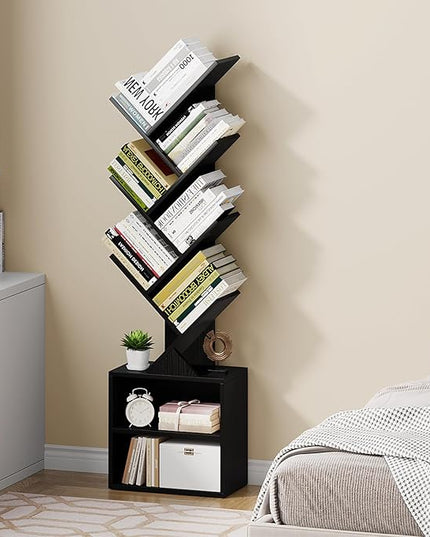 Vagusicc 6 Tier Tree Bookshelf, Modern Floor Standing Bookcase with Storage Drawer, Space Saving Storage Organizer Book Shelves for Books, Tall Wood Storage Rack for Bedroom/Living Room/Home Office - LeafyLoom