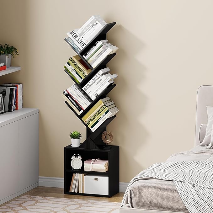 Vagusicc 6 Tier Tree Bookshelf, Modern Floor Standing Bookcase with Storage Drawer, Space Saving Storage Organizer Book Shelves for Books, Tall Wood Storage Rack for Bedroom/Living Room/Home Office - LeafyLoom