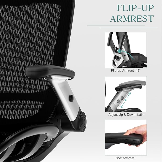GABRYLLY Ergonomic Mesh Office Chair, High Back Desk Chair - Adjustable Headrest with Flip-Up Arms, Tilt Function, Lumbar Support and PU Wheels, Swivel Computer Task Chair - LeafyLoom