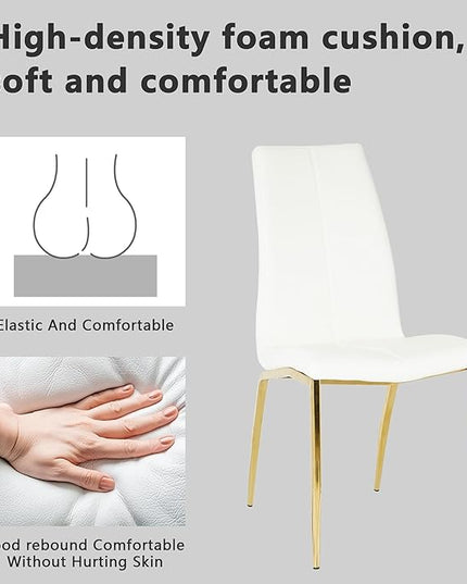 Modern Faux Leather Dining Chairs Set of 4, Padded Seat Dining Side Chairs, Upholstered Chair with Metal Legs for Kitchen, Living Room, Dining Room, White Chairs+Gold Legs - LeafyLoom