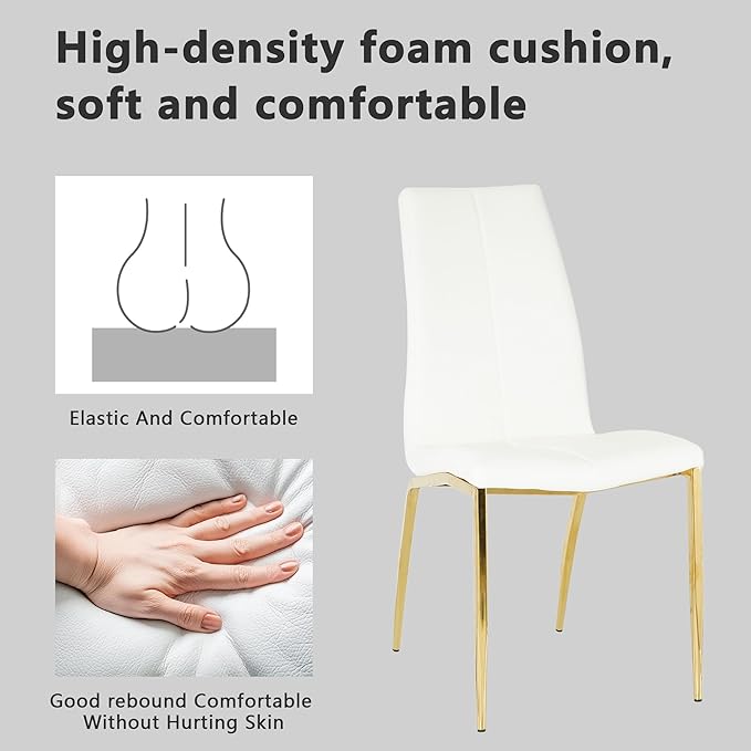 Modern Faux Leather Dining Chairs Set of 4, Padded Seat Dining Side Chairs, Upholstered Chair with Metal Legs for Kitchen, Living Room, Dining Room, White Chairs+Gold Legs - LeafyLoom