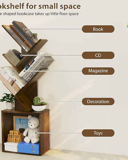 Ochine Tree Bookshelf, 5 Tier Small Bookcase with Large Drawer, Tall Wood Narrow Bookshelves Organizer for CDs/Movies/Books, Floor Standing Book Shelf for Bedroom, Living Room, Home Office - LeafyLoom