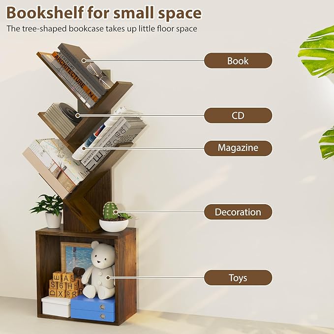 Ochine Tree Bookshelf, 5 Tier Small Bookcase with Large Drawer, Tall Wood Narrow Bookshelves Organizer for CDs/Movies/Books, Floor Standing Book Shelf for Bedroom, Living Room, Home Office - LeafyLoom