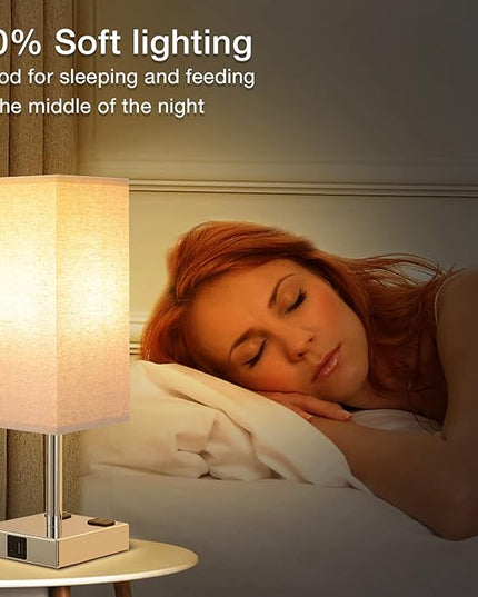 aooshine Beige Set of 2 Touch Lamp with USB Port-Nightstand Lamp with USB-C+A Charge Ports& AC Outlets, 3-Way Dimmable Bedside Lamp with Shade,Small Table Lamp for Bedroom Living Room(Bulb Included) - LeafyLoom