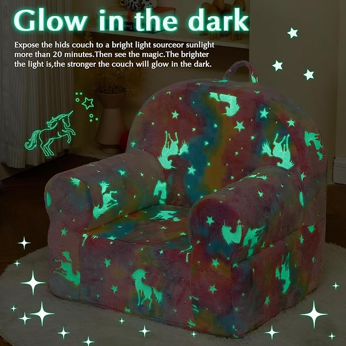 Toddler Chair Kids Plush Chair Sherpa Kids Chairs, Toddler Couch Bean Bag Chairs for Kids Gaming Chair for Kids Glow in The Dark, Rainbow Pink - LeafyLoom