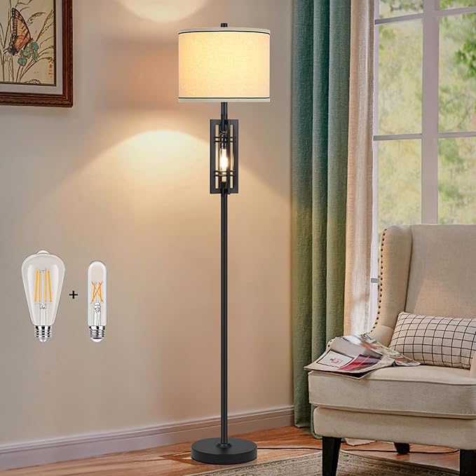 Farmhouse Floor Lamp with Night Light, Black Standing Lamp for Living Room, 2 E26 LED Bulbs Included, Industrial Floor Reading Lamp with Beige Fabric Lampshade, 64” Tall Lamp for Bedroom Office Corner - LeafyLoom