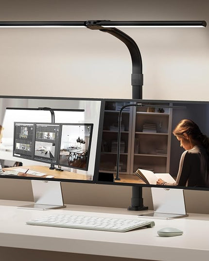 Desk Lamp for Home Office, 24W LED Desk Lamp with Clamp - 25 Lighting Modes Dimming Workbench Light with Flexible Gooseneck, Eye Protection Modern Desk Lamp for Reading Study Monitor Drafting - LeafyLoom