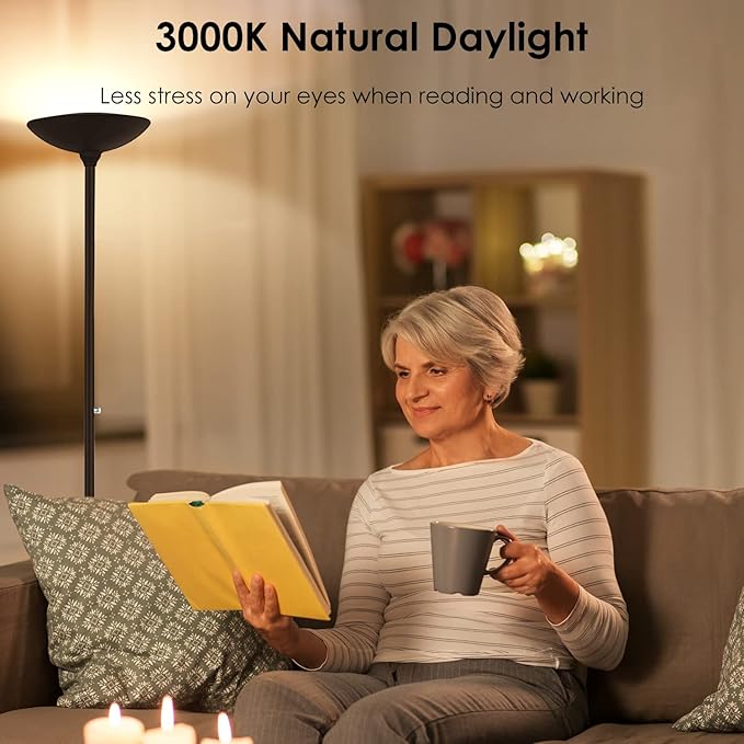 BoostArea Torchiere Floor Lamp, 24W Super Bright LED Standing Lamp, Stepless Dimmable Pole Lamp with 3000K Lighting, Rotary Switch, 70 Inch Tall Metal Modern Floor lamps for Living Room/Bedroom Brown - LeafyLoom