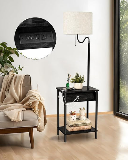 FIMEI Floor Lamp with Table, End Table with Charging Station USB Ports & Outlets, Bedside Table 3 Color Temperature Reading Light, Nightstand with Shelves for Living Room Bedroom Apartment, Black - LeafyLoom