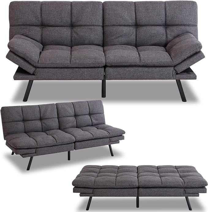 MUUEGM Futon Sofa Bed Couch Memory Foam Futon Convertible Couch Bed Sleeper,Modern Love Seat Daybed Sofa for Living Room,Small Space,Office,71",Adjustable Backrests Armrests,Grey - LeafyLoom