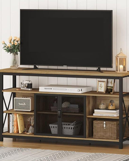 BON AUGURE Tall TV Stand for 55 65 Inch TV, Wood Entertainment Center with Storage Cabinet, Industrial Farmhouse TV Console for Living Room and Bedroom (32 Inch High, Vintage Oak) - LeafyLoom