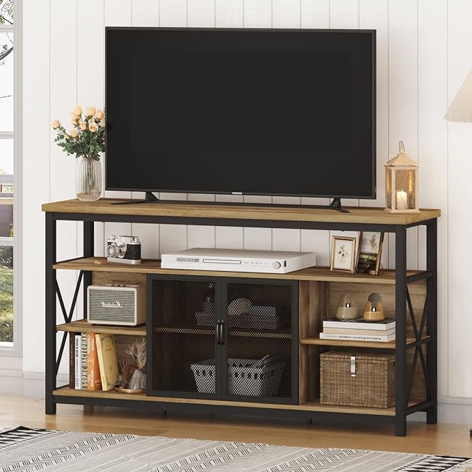 BON AUGURE Tall TV Stand for 55 65 Inch TV, Wood Entertainment Center with Storage Cabinet, Industrial Farmhouse TV Console for Living Room and Bedroom (32 Inch High, Vintage Oak) - LeafyLoom