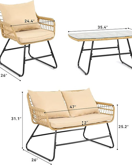 YITAHOME Patio Furniture Wicker Outdoor Bistro Set, 4-Piece All Weather Patio Furniture Rattan Conversation Loveseat Sets for Backyard, Balcony and Deck, Light Brown+Beige - LeafyLoom