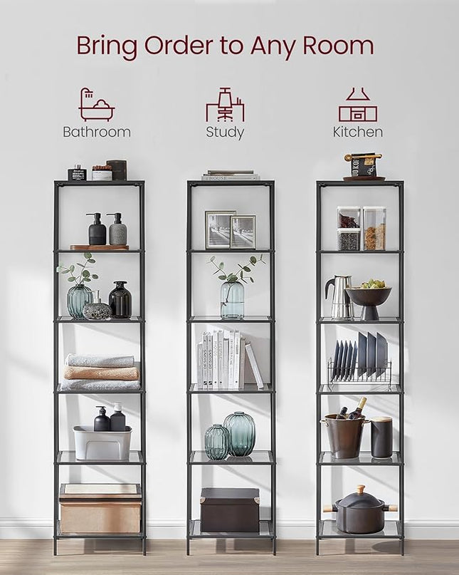 VASAGLE Bookcase, 6-Tier Bookshelf, Slim Shelving Unit for Bedroom, Bathroom, Home Office, Tempered Glass, Steel Frame, Ink Black and Slate Gray ULGT500G01 - LeafyLoom