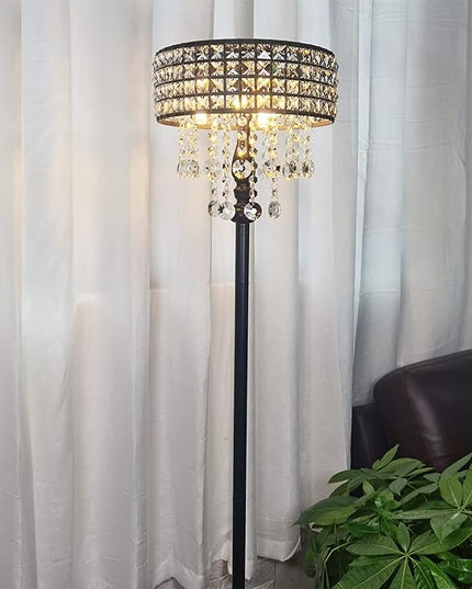 Modern K9 Clear Glass Crystals Floor Lamp with 3 LED Bulbs, Crystal & Glass 3-Lights Black Standing Light, Reading Corner Lamp for Living Room Bedroom - LeafyLoom