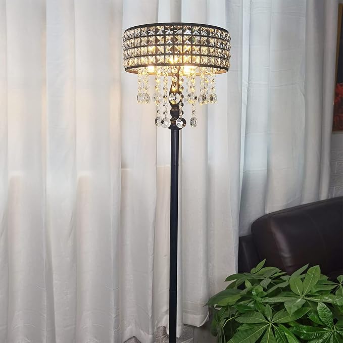 Modern K9 Clear Glass Crystals Floor Lamp with 3 LED Bulbs, Crystal & Glass 3-Lights Black Standing Light, Reading Corner Lamp for Living Room Bedroom - LeafyLoom