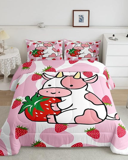 Feelyou Milk Cow Comforter Pink White Cow Strawberry Pattern Comforter Set Bedding Set for Kids Adults Kawaii Girls Milk Cow Print Duvet Set Ultra Soft Room Decor Queen Size Quilt Set - LeafyLoom