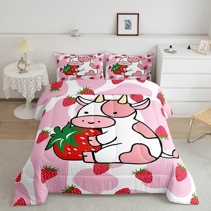 Feelyou Milk Cow Comforter Pink White Cow Strawberry Pattern Comforter Set Bedding Set for Kids Adults Kawaii Girls Milk Cow Print Duvet Set Ultra Soft Room Decor Twin Size Quilt Set - LeafyLoom
