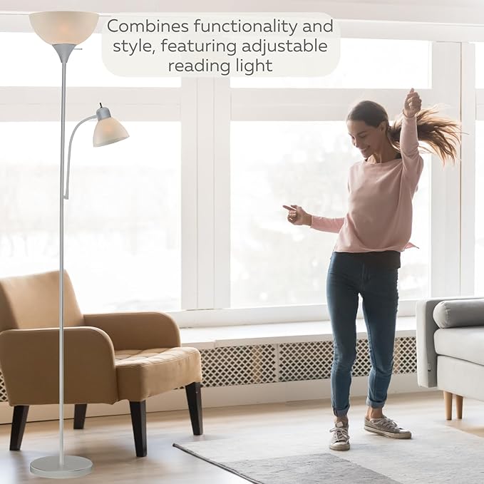 Adjustable Silver Floor Lamp with Reading Light By Light Accents - Susan Modern Standing Lamp For Living Room/Office Lamp 72" Tall - 150-watt With Side Reading Light Corner Lamp (Silver) - LeafyLoom