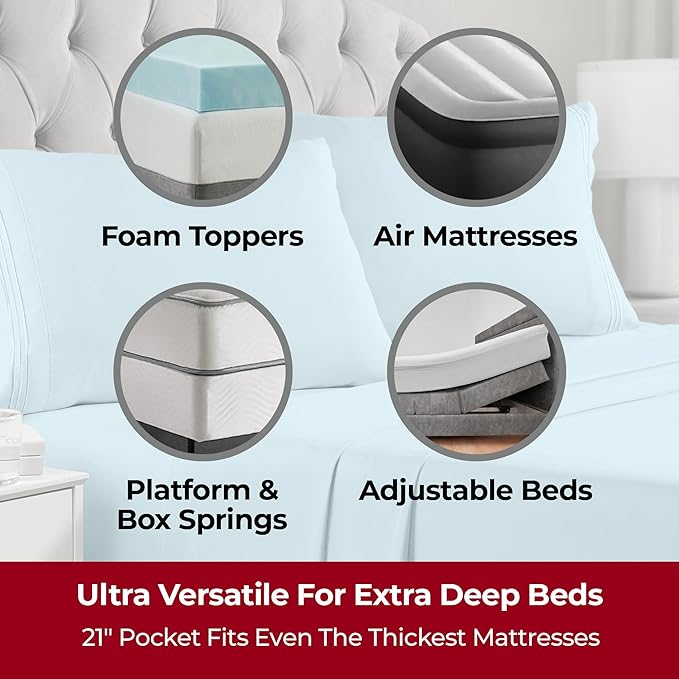 Mellanni Extra Deep California King Sheets - 4 PC Iconic Collection Bedding Sheets & Pillowcases - Hotel Luxury, Ultra Soft, Cooling Bed Sheets - Extra Deep Pocket up to 21 inch (Cal King, Aqua) - LeafyLoom