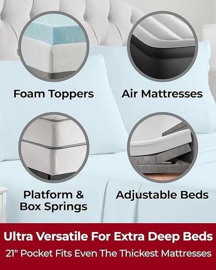 Mellanni Extra Deep Split King Sheets - 5 PC Iconic Collection Bedding Sheets & Pillowcases - Hotel Luxury, Ultra Soft, Cooling Bed Sheets - Extra Deep Pocket up to 21 inch (Split King, Aqua) - LeafyLoom