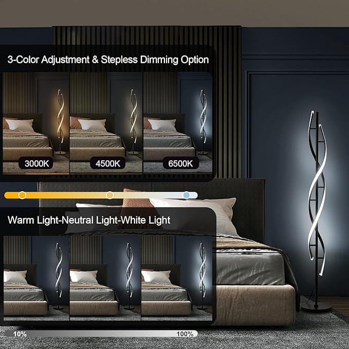 Spiral LED Floor Lamp for Bedroom,Modern Floor Lamp with Remote Control 60 Inch Dimmable Black Floor Lamp 48W Standing Lamp Timing 3 Color Temperature Corner Floor Lamps for Living Room - LeafyLoom