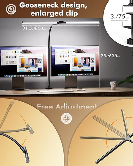 Quntis Double Head LED Tall Desk Lamp for Home Office, 31.5-inch Foldable Computer Desk Light with Clamp, Dimmable Dual Monitor Light Bar for Curved Screen Architect Drafting Design - 32 Modes - LeafyLoom