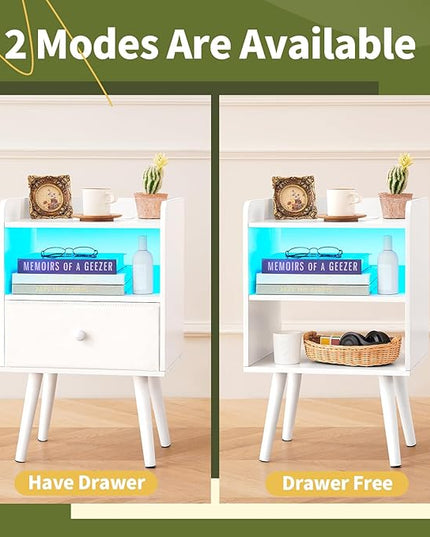 Yoobure Nightstand with Charging Station, Modern Night Stand with LED Lights, Wood Nightstands with Fabric Drawer & Storage Shelf, Night Stands Bedside Table with USB Ports for Bedroom, Office, Home - LeafyLoom