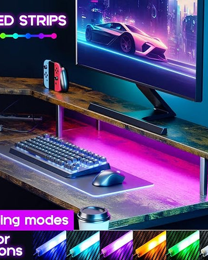 ODK L Shaped Gaming Desk with LED Lights & Power Outlets, 51" Computer Desk with Full Monitor Stand, Corner Desk with Cup Holder, Gaming Table with Hooks, Vintage - LeafyLoom