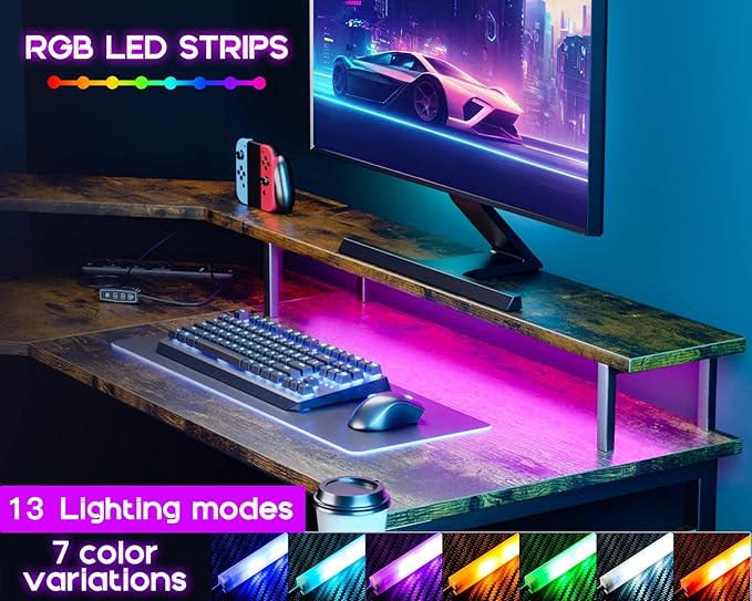 ODK L Shaped Gaming Desk with LED Lights & Power Outlets, 51" Computer Desk with Full Monitor Stand, Corner Desk with Cup Holder, Gaming Table with Hooks, Vintage - LeafyLoom